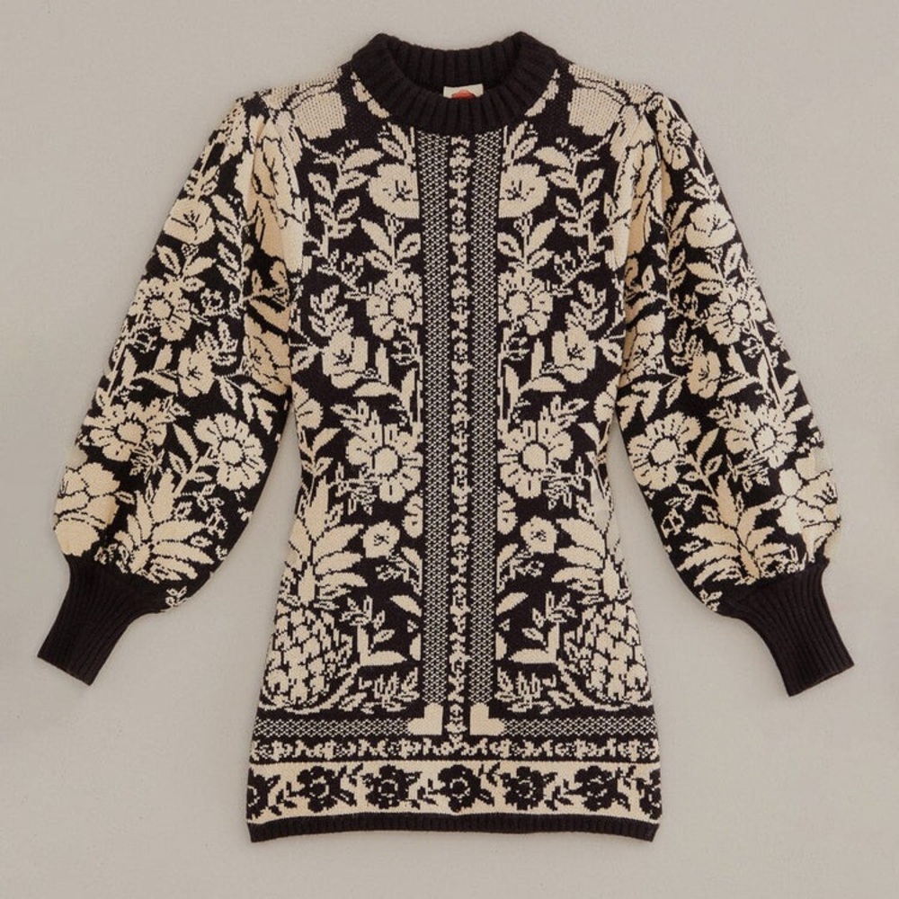 NEW FARM Rio Black Pineapple Garden Mini Sweater Dress Tunic Floral Knit Size S - Picture 7 of 16